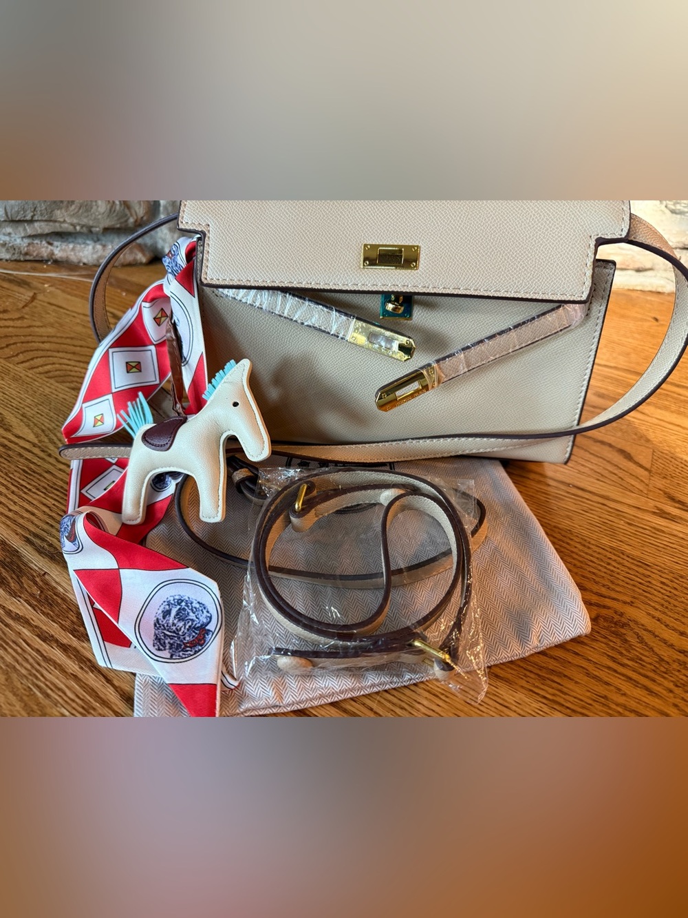 Beige Women’s Structured Tote Bag Crossbody with Scarf and Pony Accent